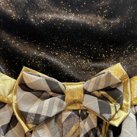 Nannette Kid Dress 8 Black Velvet Plaid Gold Bow Cap Sleeve Crinoline Shine Gray - Picture 5 of 10